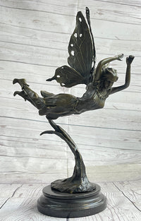 Flying Angel Fairy Bronze Sculpture Marble Base 16" x 13"