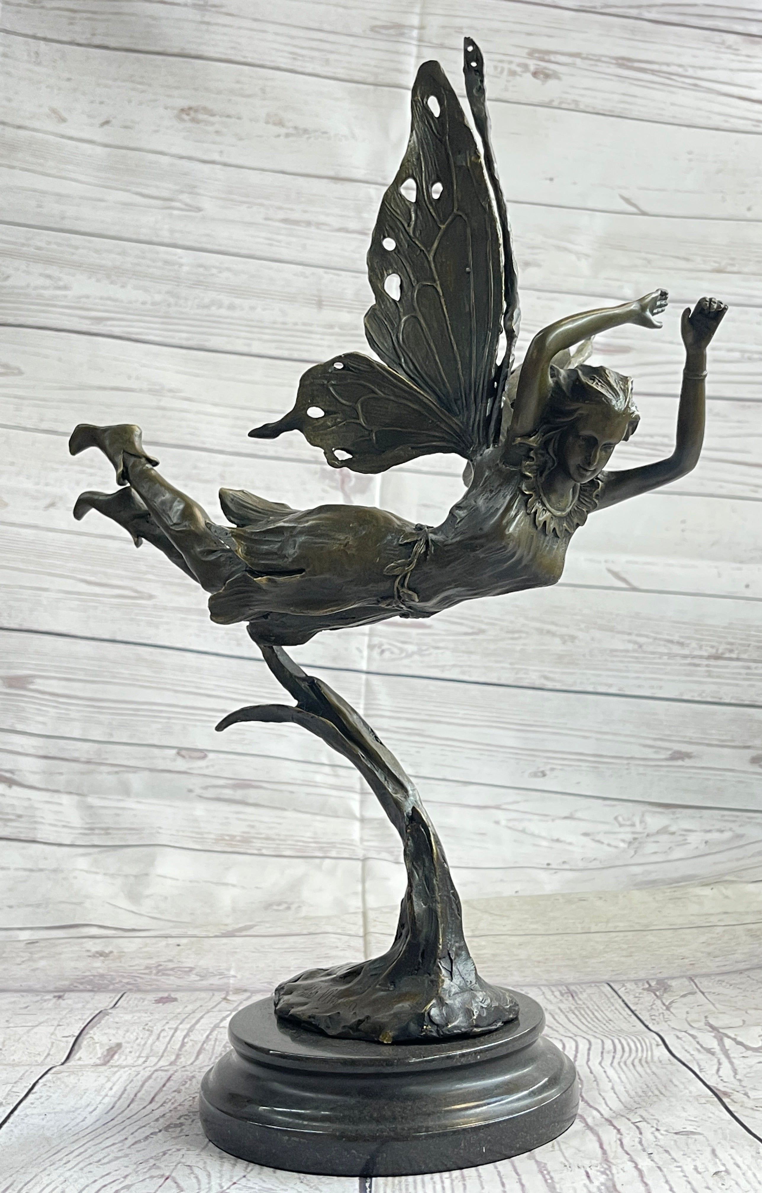 Flying Angel Fairy Bronze Sculpture Marble Base 16" x 13"
