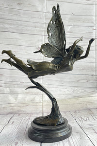Flying Angel Fairy Bronze Sculpture Marble Base 16" x 13"