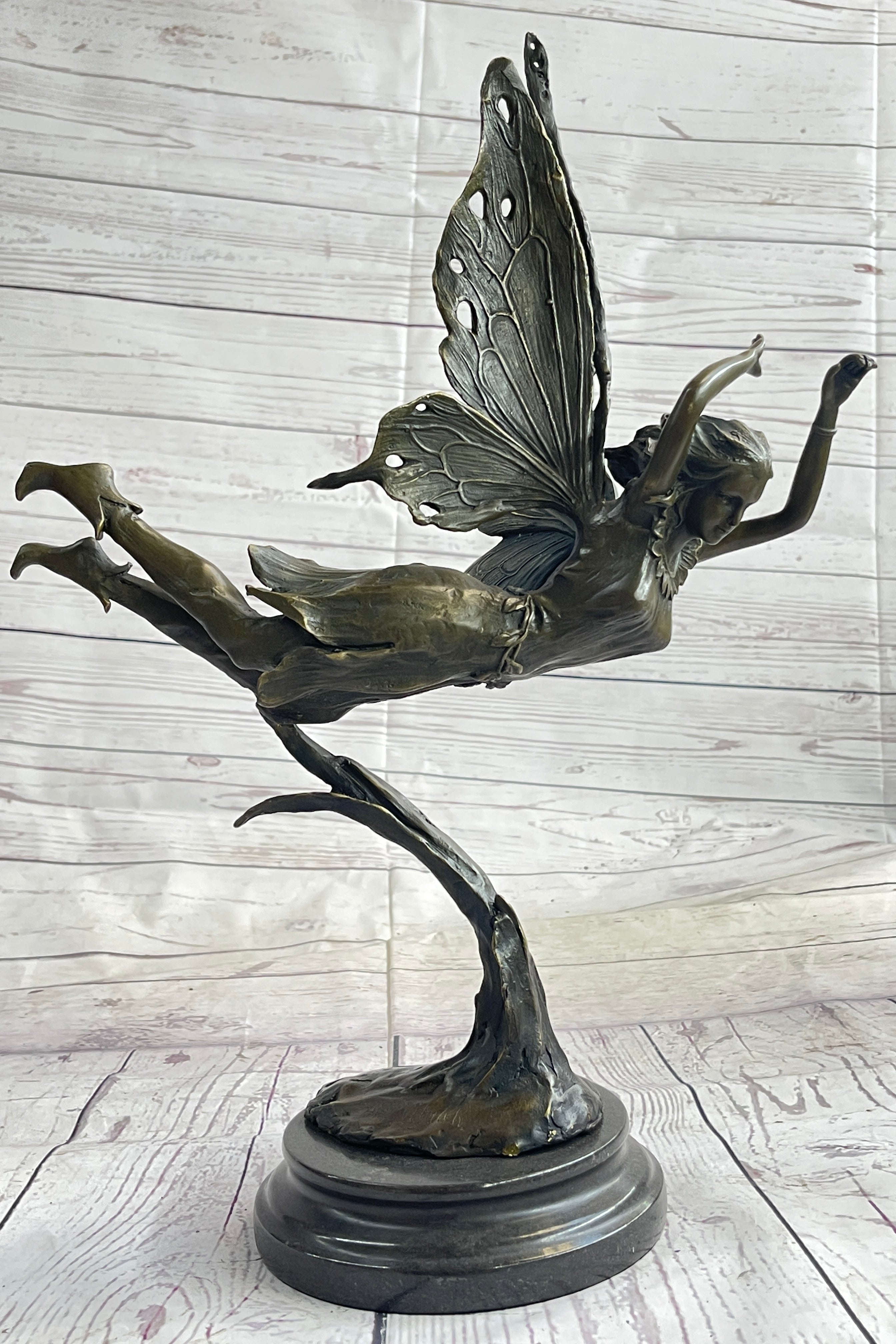 Flying Angel Fairy Bronze Sculpture Marble Base 16" x 13"