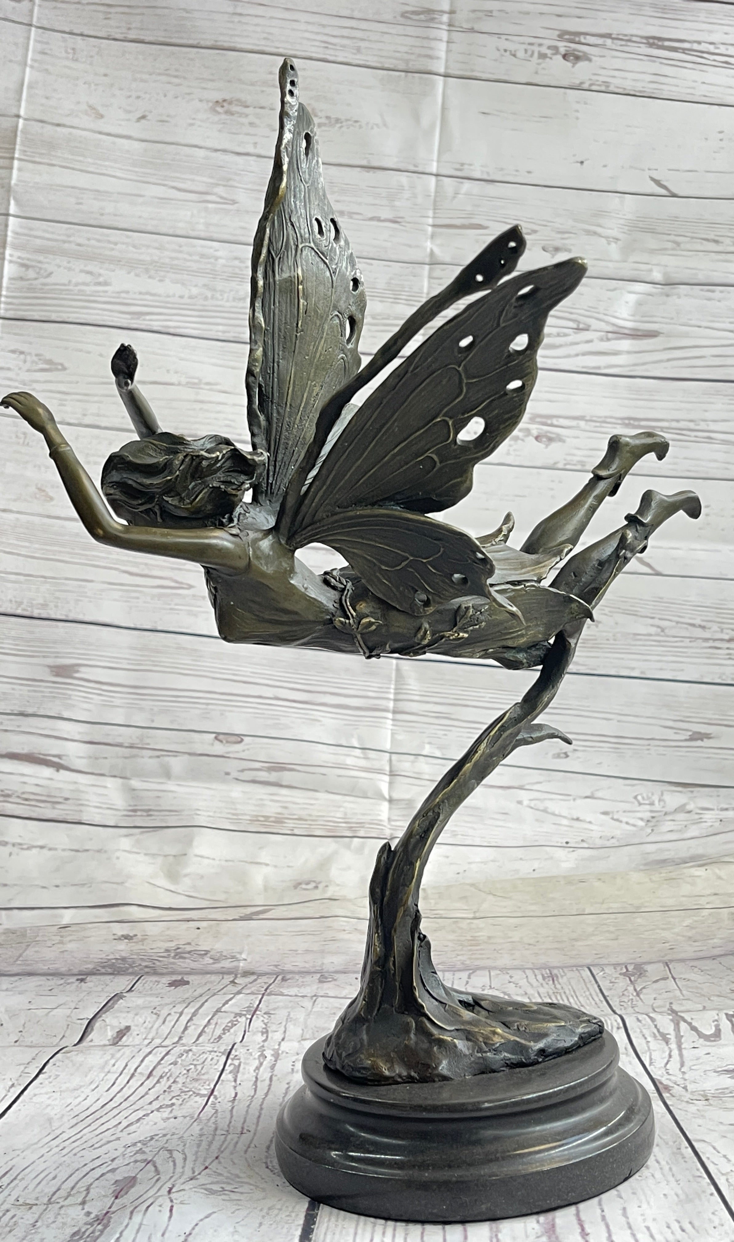 Flying Angel Fairy Bronze Sculpture Marble Base 16" x 13"
