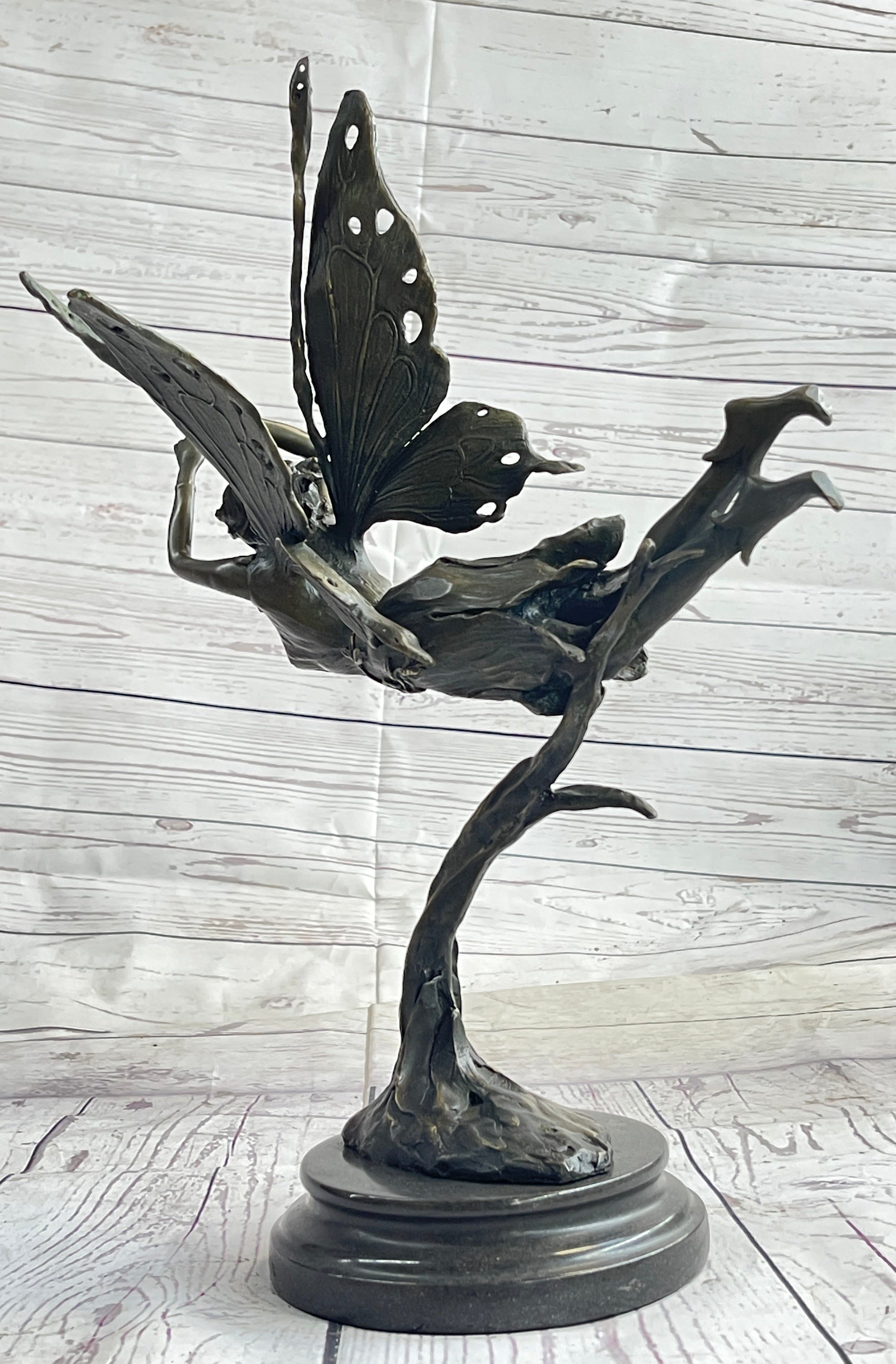 Flying Angel Fairy Bronze Sculpture Marble Base 16" x 13"