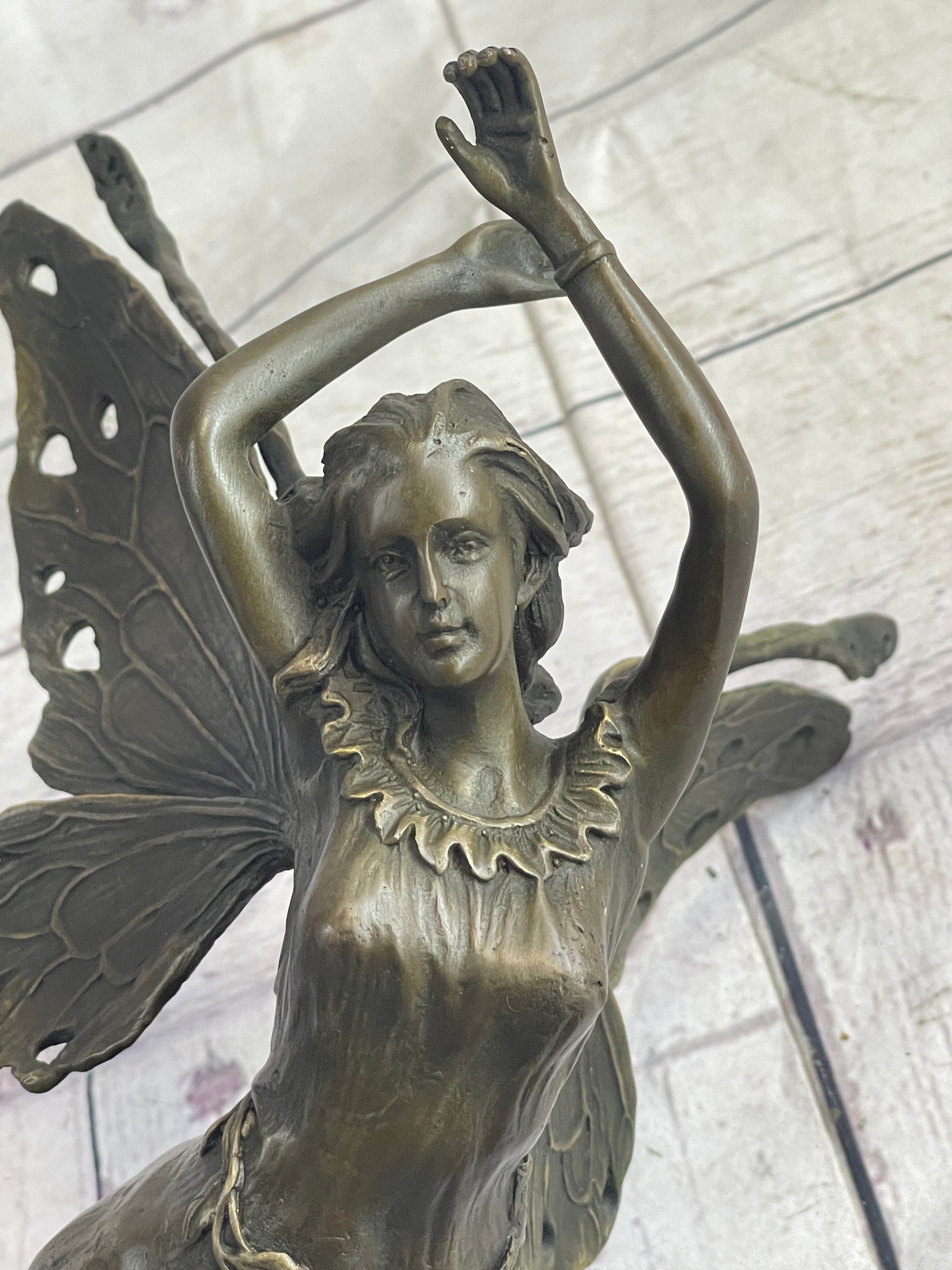 Flying Angel Fairy Bronze Sculpture Marble Base 16" x 13"