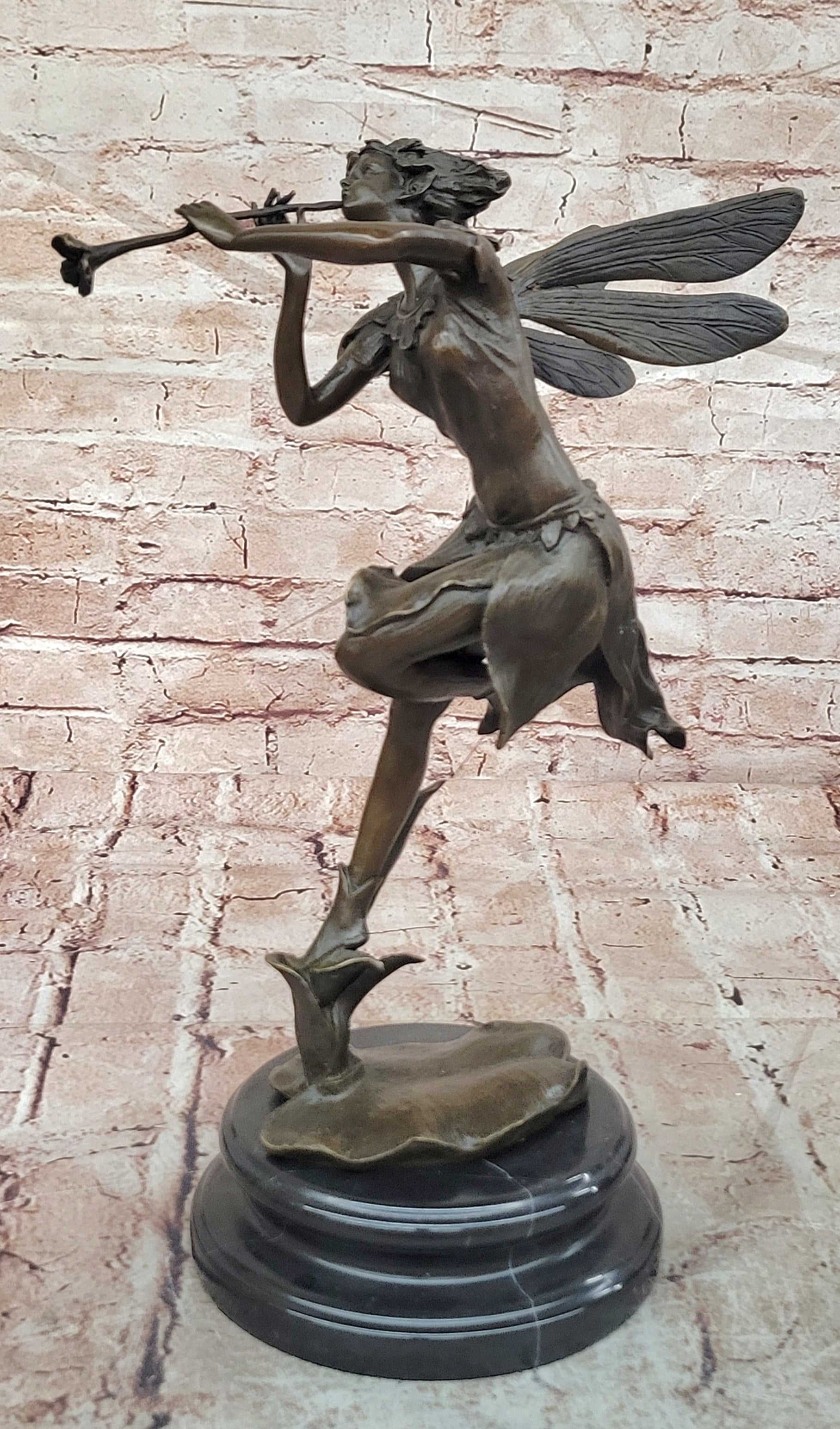 Signed Cesaro Forest Nymph with Flute Hand Made Classic Mythical Bronze Statue