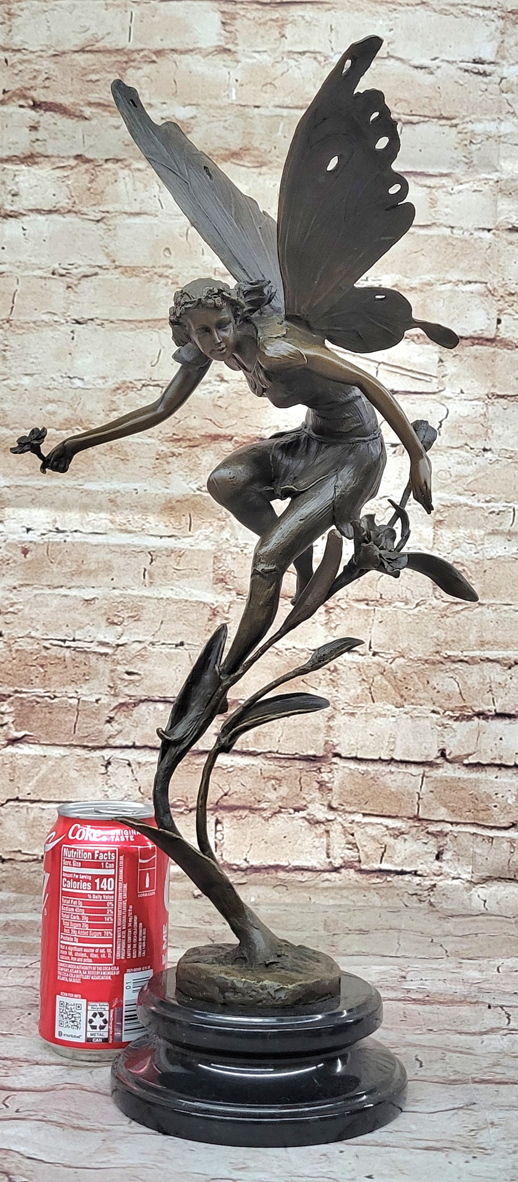 Bronze Fairy Angel Flowers Sculpture Signed 19.5" x 7.5"