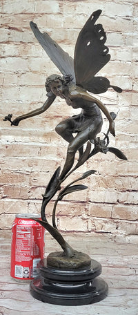 Bronze Fairy Angel Flowers Sculpture Signed 19.5" x 7.5"