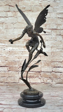 Bronze Fairy Angel Flowers Sculpture Signed 19.5" x 7.5"