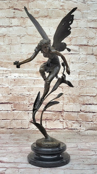 Bronze Fairy Angel Flowers Sculpture Signed 19.5" x 7.5"