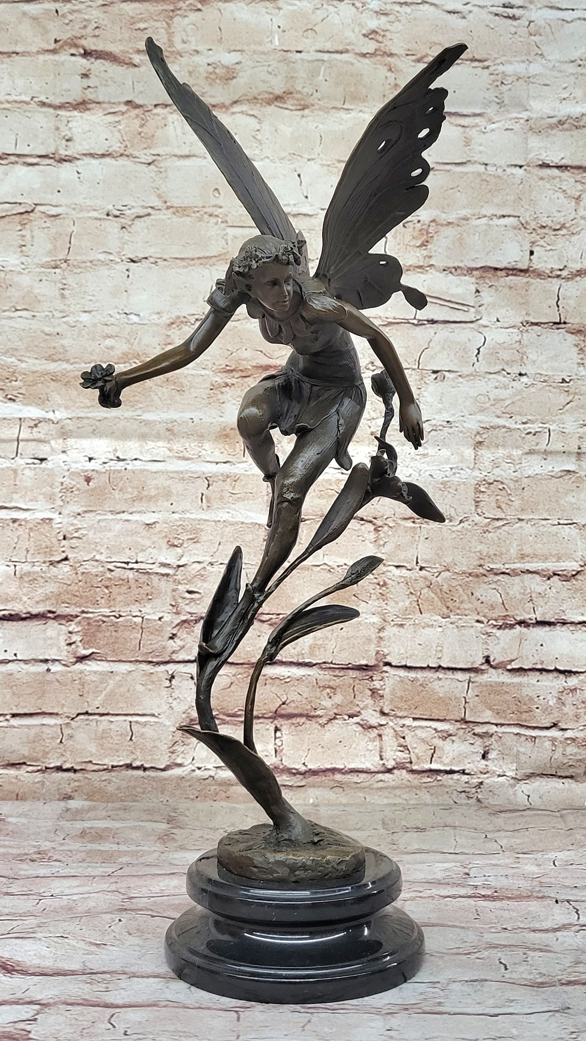 Bronze Fairy Angel Flowers Sculpture Signed 19.5" x 7.5"