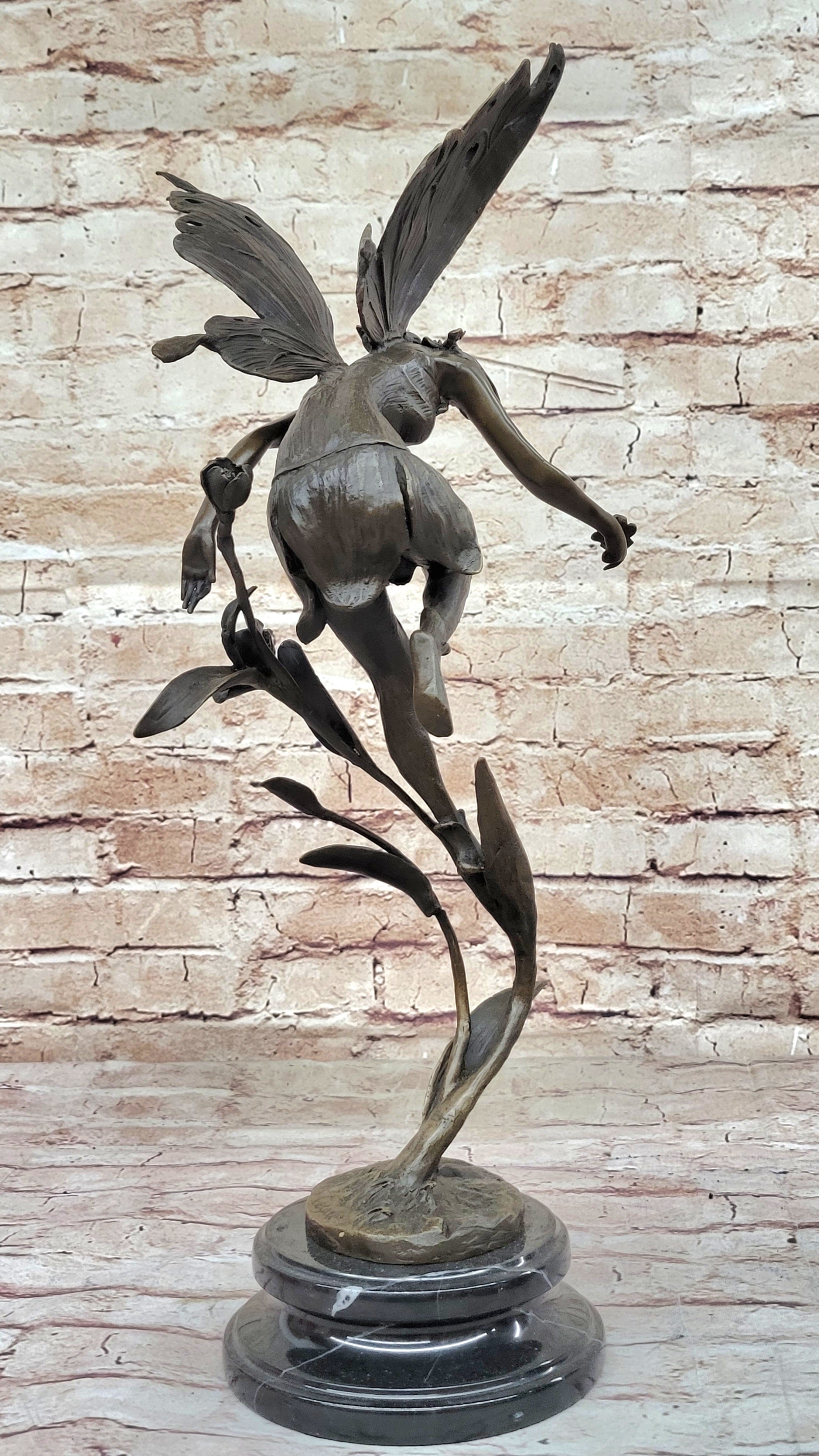 Bronze Fairy Angel Flowers Sculpture Signed 19.5" x 7.5"
