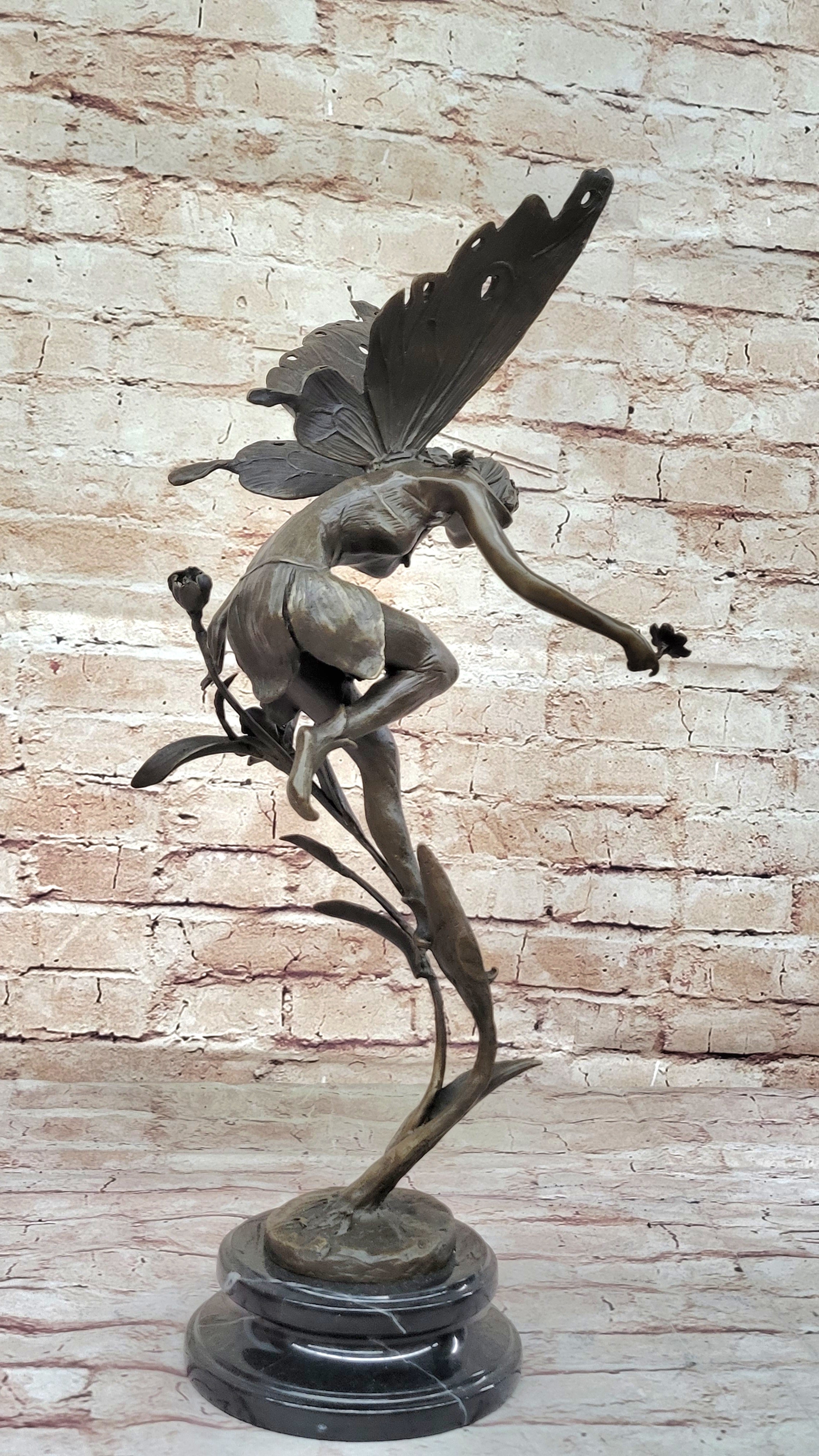 Bronze Fairy Angel Flowers Sculpture Signed 19.5" x 7.5"