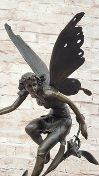 Bronze Fairy Angel Flowers Sculpture Signed 19.5" x 7.5"