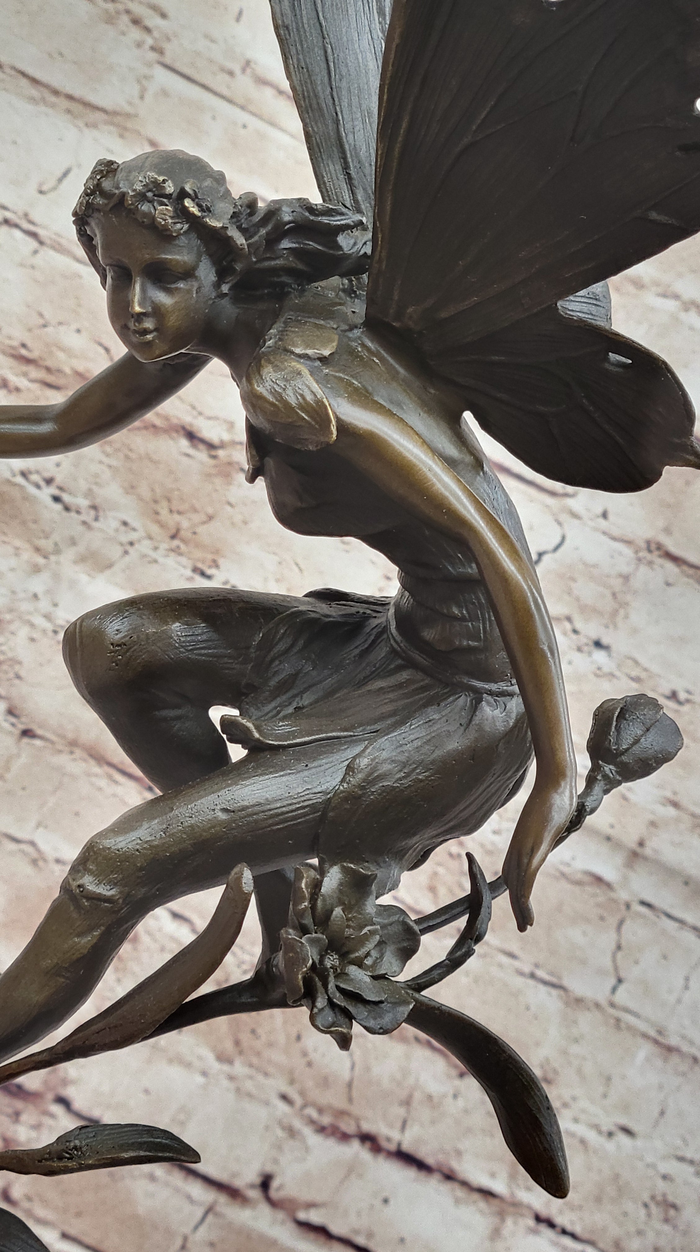 Bronze Fairy Angel Flowers Sculpture Signed 19.5" x 7.5"