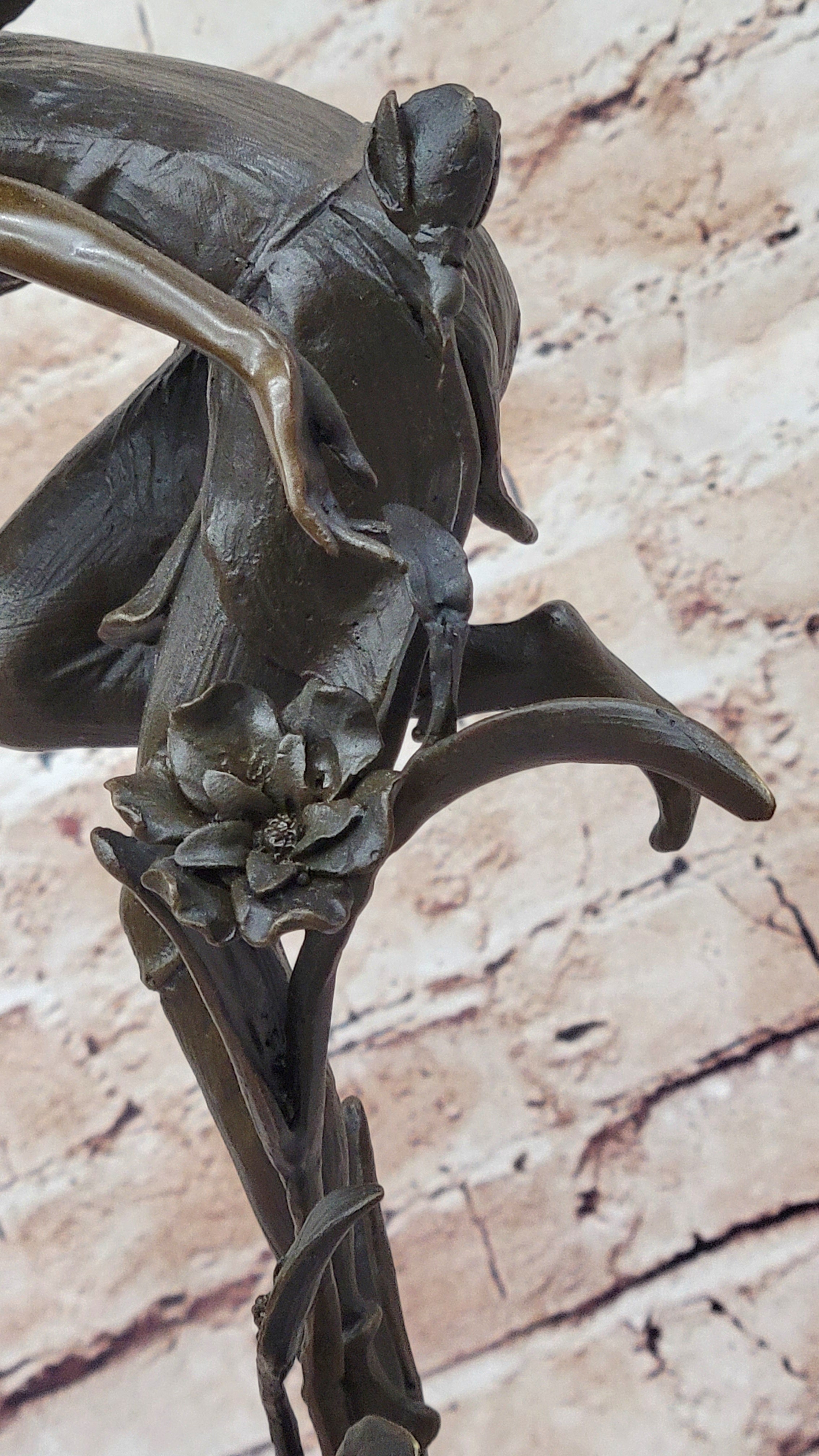 Bronze Fairy Angel Flowers Sculpture Signed 19.5" x 7.5"
