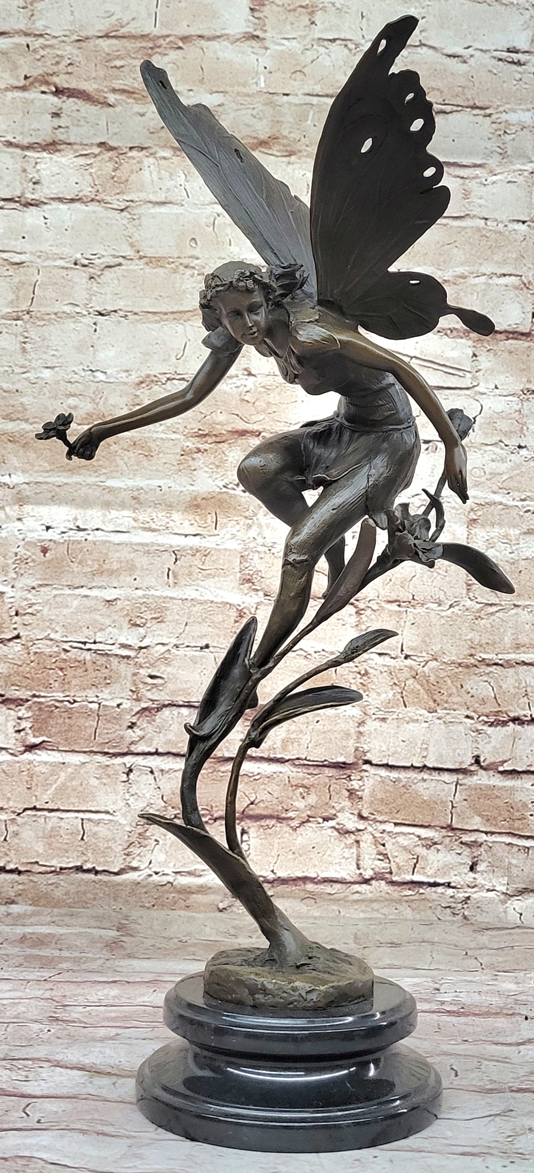 Bronze Fairy Angel Flowers Sculpture Signed 19.5" x 7.5"