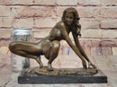 Signed Modern Art Nude Woman Stretches Bronze Sculpture 7.5" x 9"
