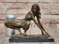 Signed Modern Art Nude Woman Stretches Bronze Sculpture 7.5" x 9"