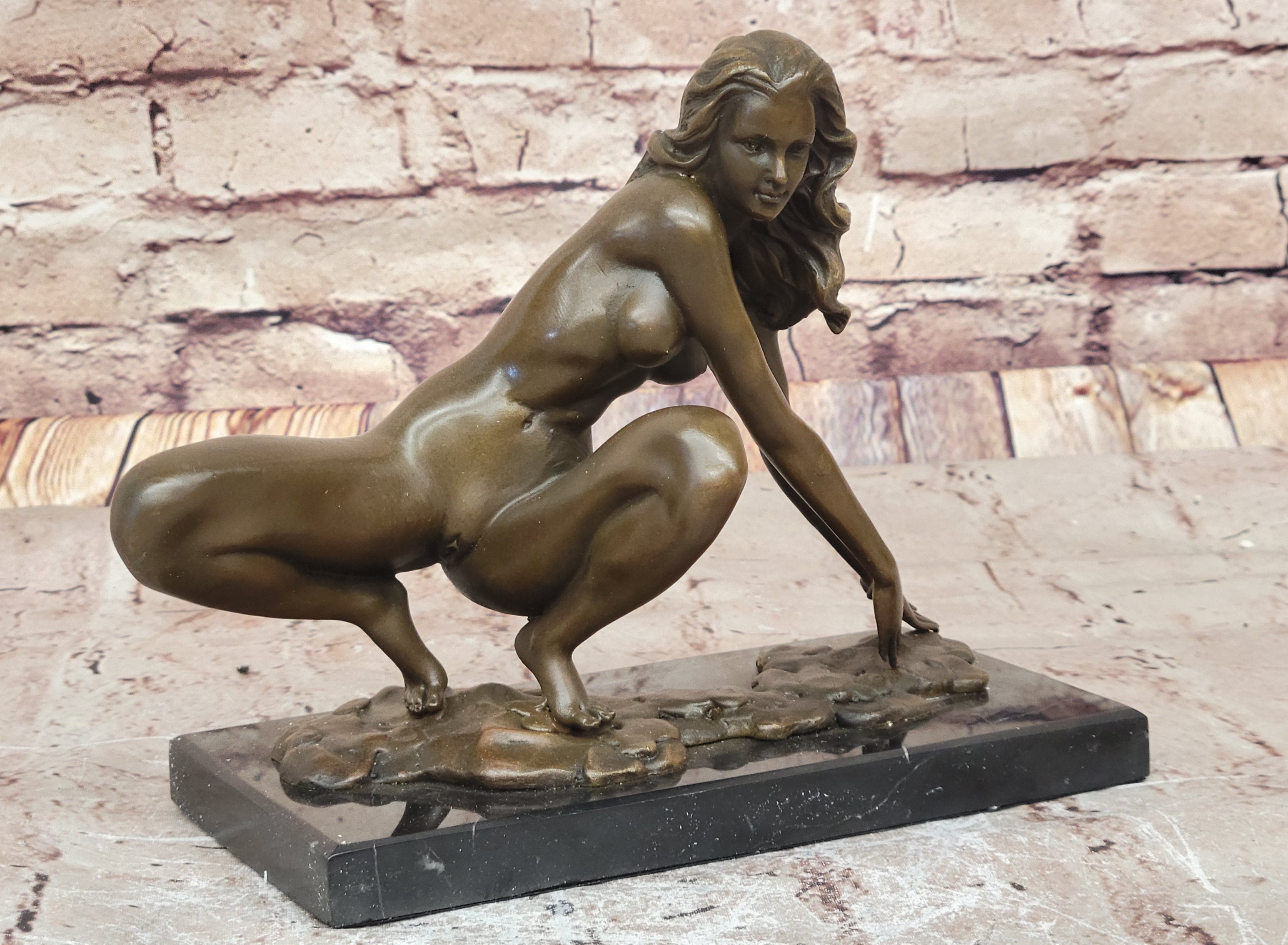 Signed Modern Art Nude Woman Stretches Bronze Sculpture 7.5" x 9"