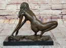 Signed Modern Art Nude Woman Stretches Bronze Sculpture 7.5" x 9"
