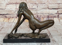 Signed Modern Art Nude Woman Stretches Bronze Sculpture 7.5" x 9"