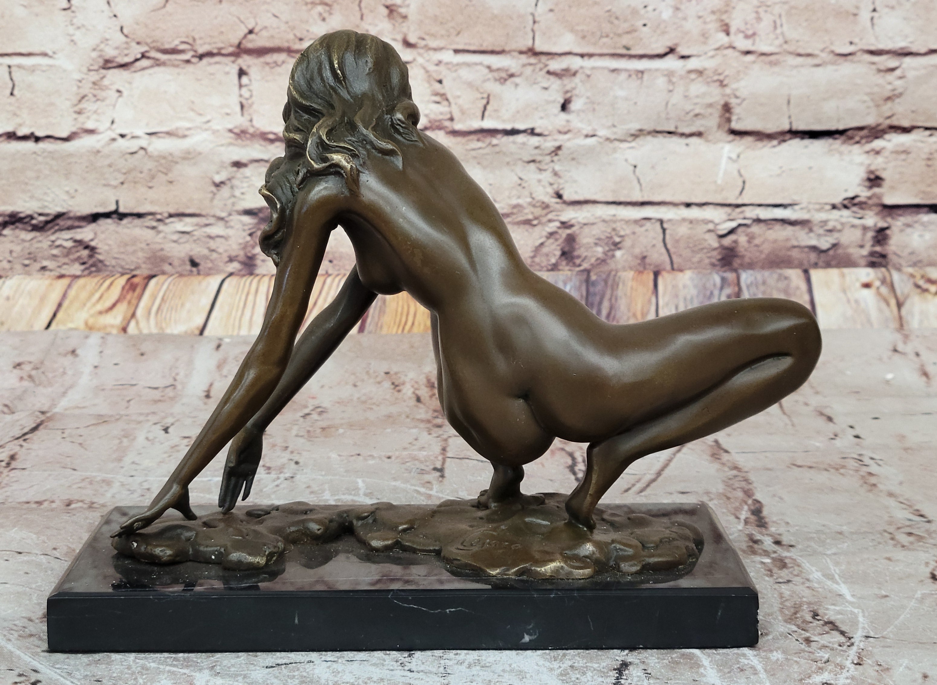 Signed Modern Art Nude Woman Stretches Bronze Sculpture 7.5" x 9"