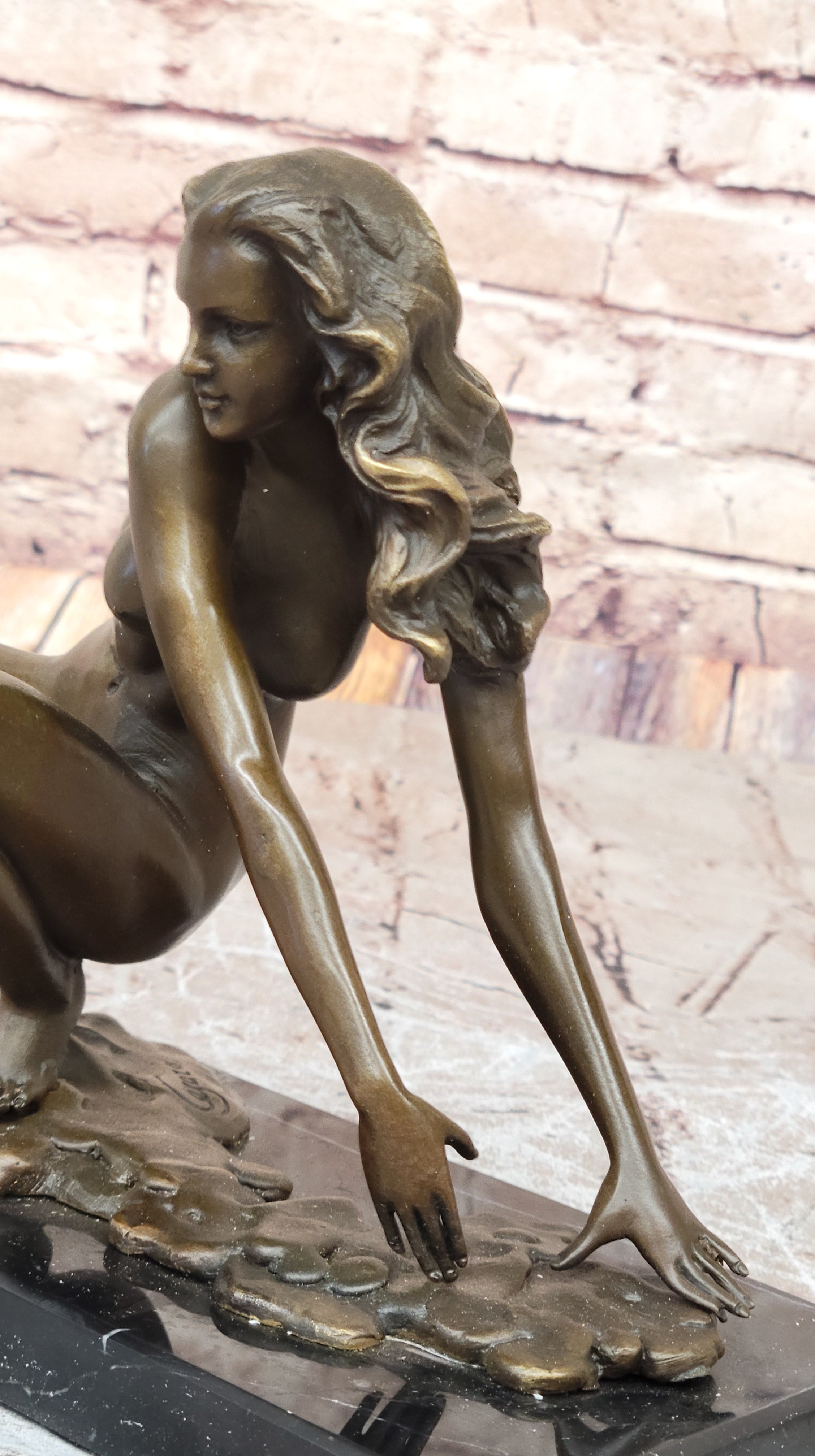 Signed Modern Art Nude Woman Stretches Bronze Sculpture 7.5" x 9"