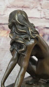 Signed Modern Art Nude Woman Stretches Bronze Sculpture 7.5" x 9"