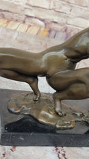 Signed Modern Art Nude Woman Stretches Bronze Sculpture 7.5" x 9"