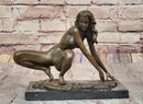 Signed Modern Art Nude Woman Stretches Bronze Sculpture 7.5" x 9"