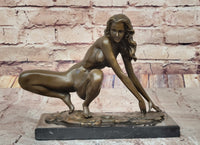 Signed Modern Art Nude Woman Stretches Bronze Sculpture 7.5" x 9"