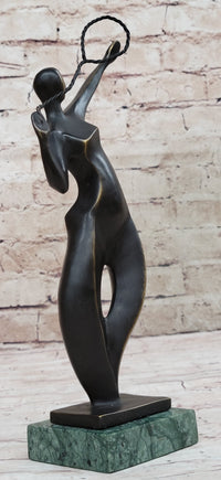 Tennis Badminton Player Serving Bronze Metal Sculpture Signed 10" x 6"