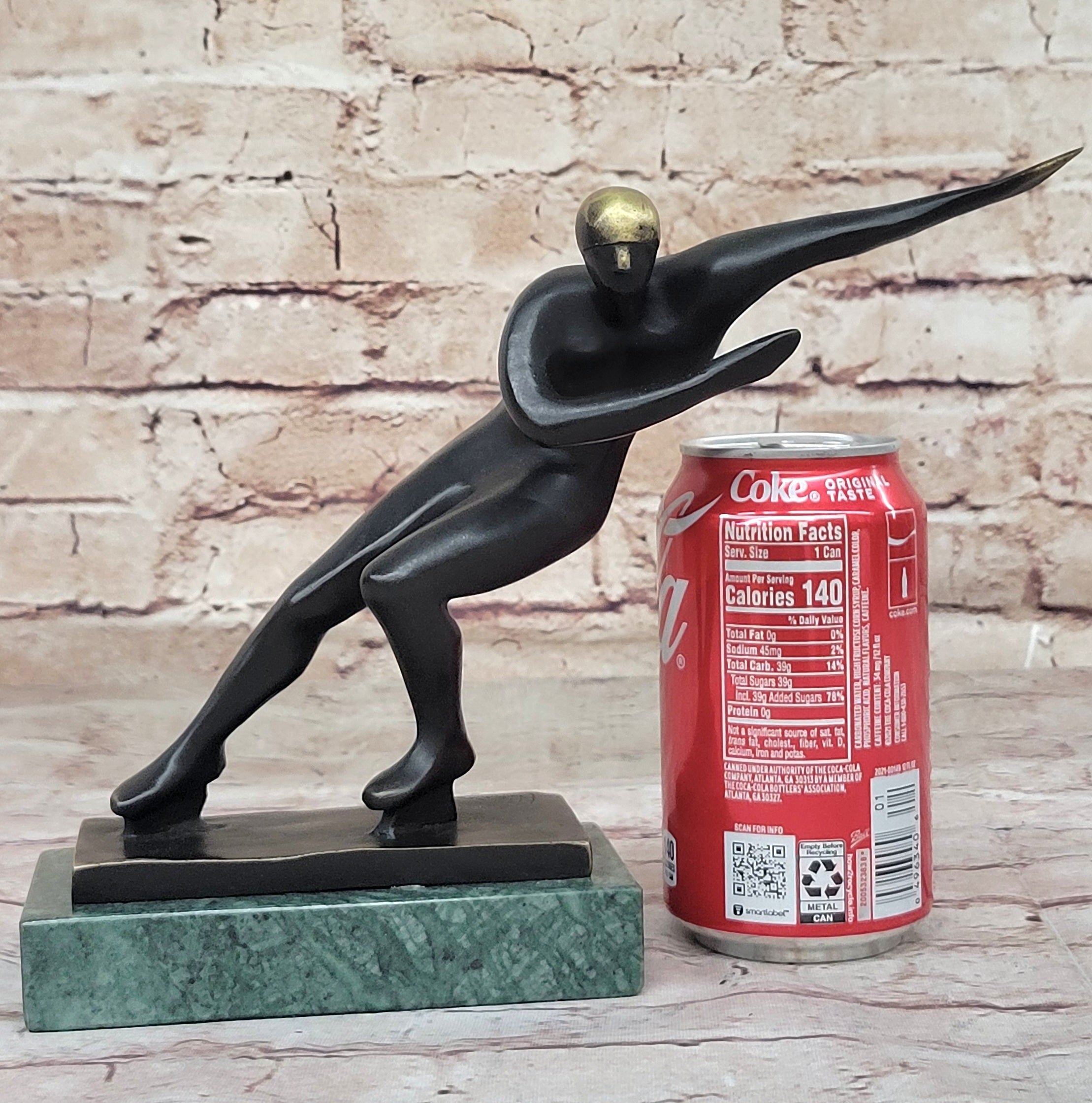 Abstract Modern Art Ice Skater Bronze Sculpture Green Marble Base