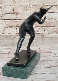 Abstract Modern Art Ice Skater Bronze Sculpture Green Marble Base