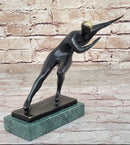 Abstract Modern Art Ice Skater Bronze Sculpture Green Marble Base