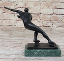 Abstract Modern Art Ice Skater Bronze Sculpture Green Marble Base