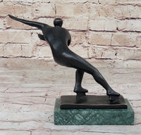 Abstract Modern Art Ice Skater Bronze Sculpture Green Marble Base