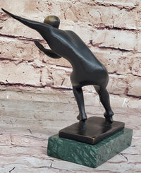Abstract Modern Art Ice Skater Bronze Sculpture Green Marble Base
