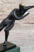 Abstract Modern Art Ice Skater Bronze Sculpture Green Marble Base