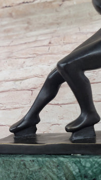 Abstract Modern Art Ice Skater Bronze Sculpture Green Marble Base