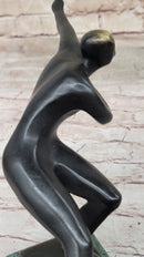 Abstract Modern Art Ice Skater Bronze Sculpture Green Marble Base