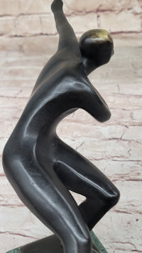 Abstract Modern Art Ice Skater Bronze Sculpture Green Marble Base