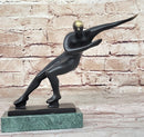 Abstract Modern Art Ice Skater Bronze Sculpture Green Marble Base