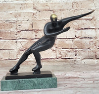 Abstract Modern Art Ice Skater Bronze Sculpture Green Marble Base