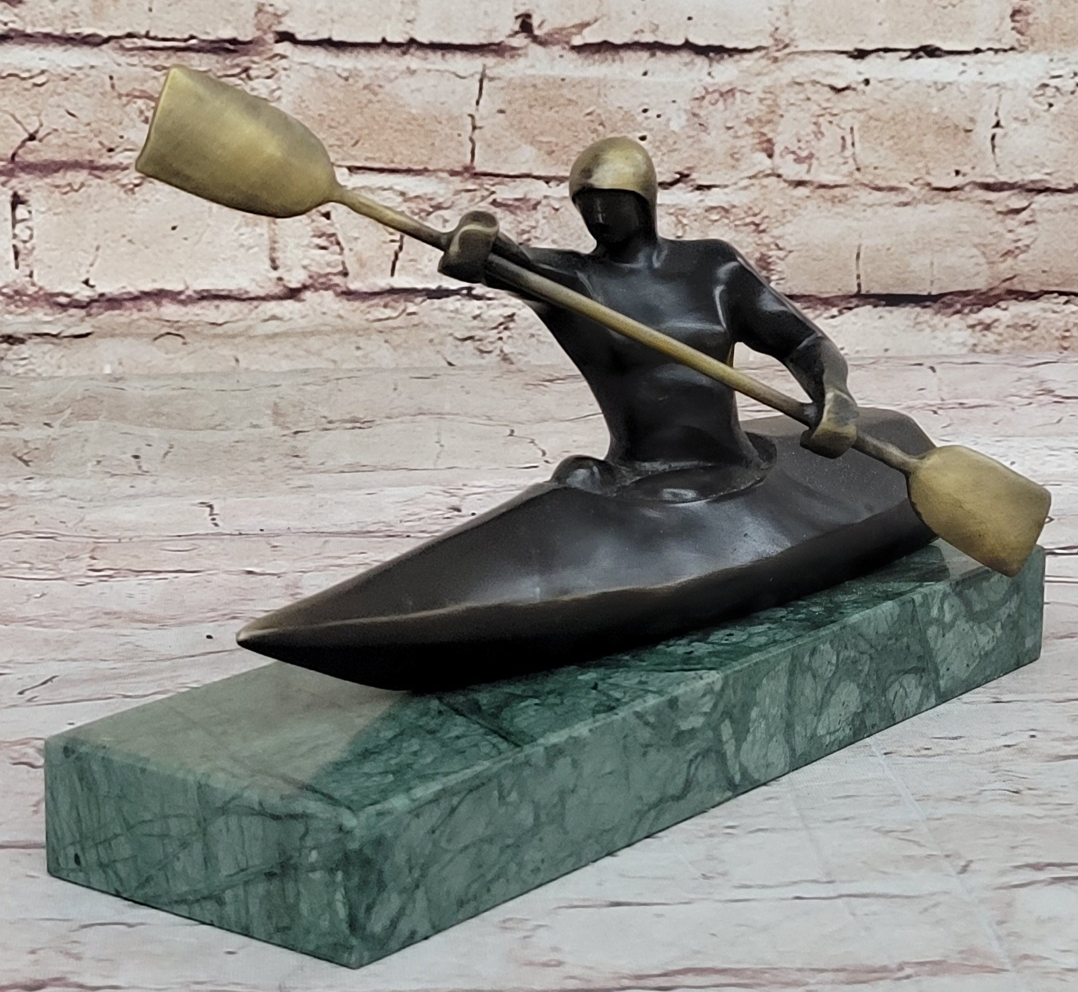 Canoeing Trophy Bronze Sculpture by Mario Nick on Green Marble Base