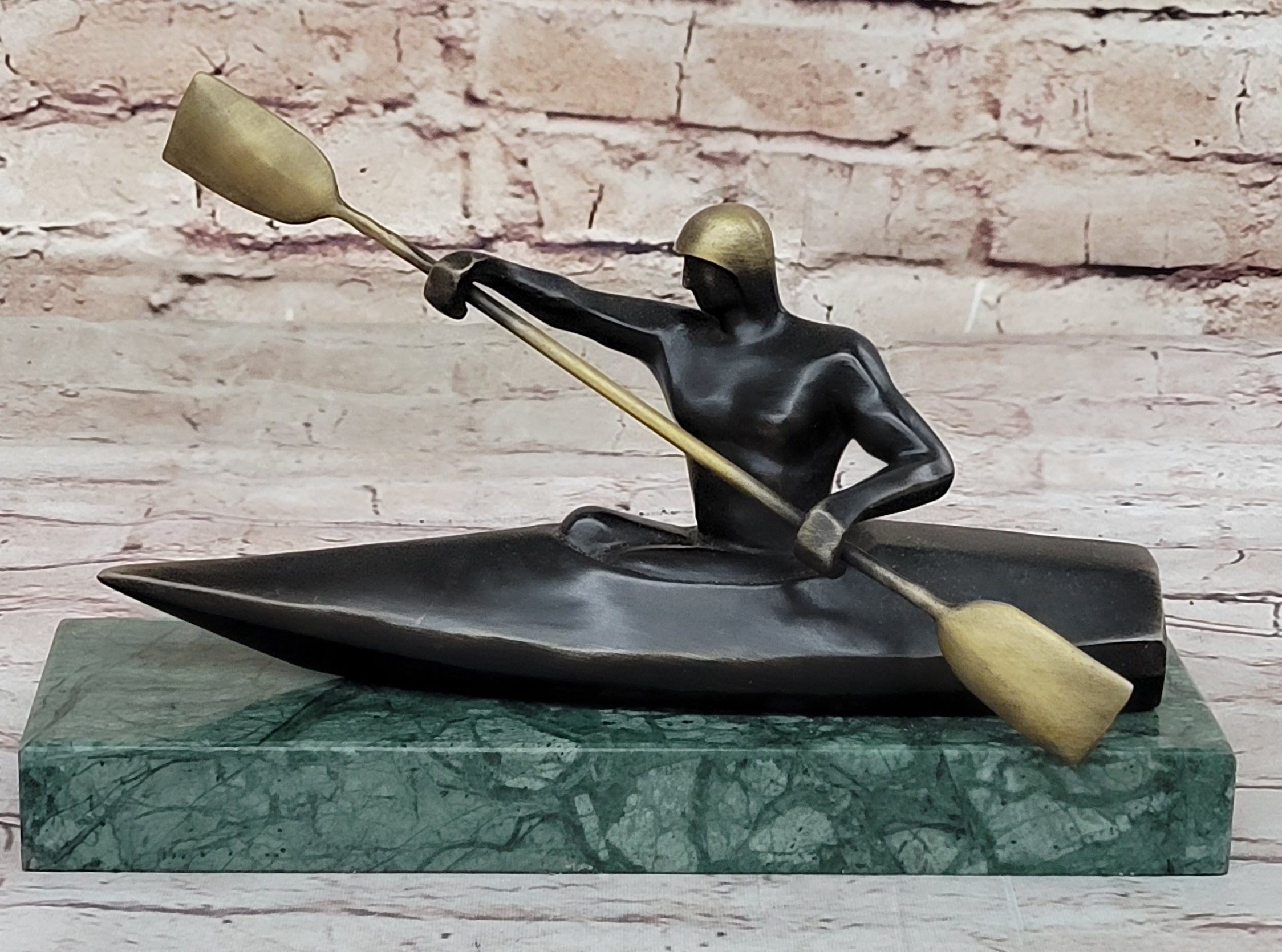 Canoeing Trophy Bronze Sculpture by Mario Nick on Green Marble Base