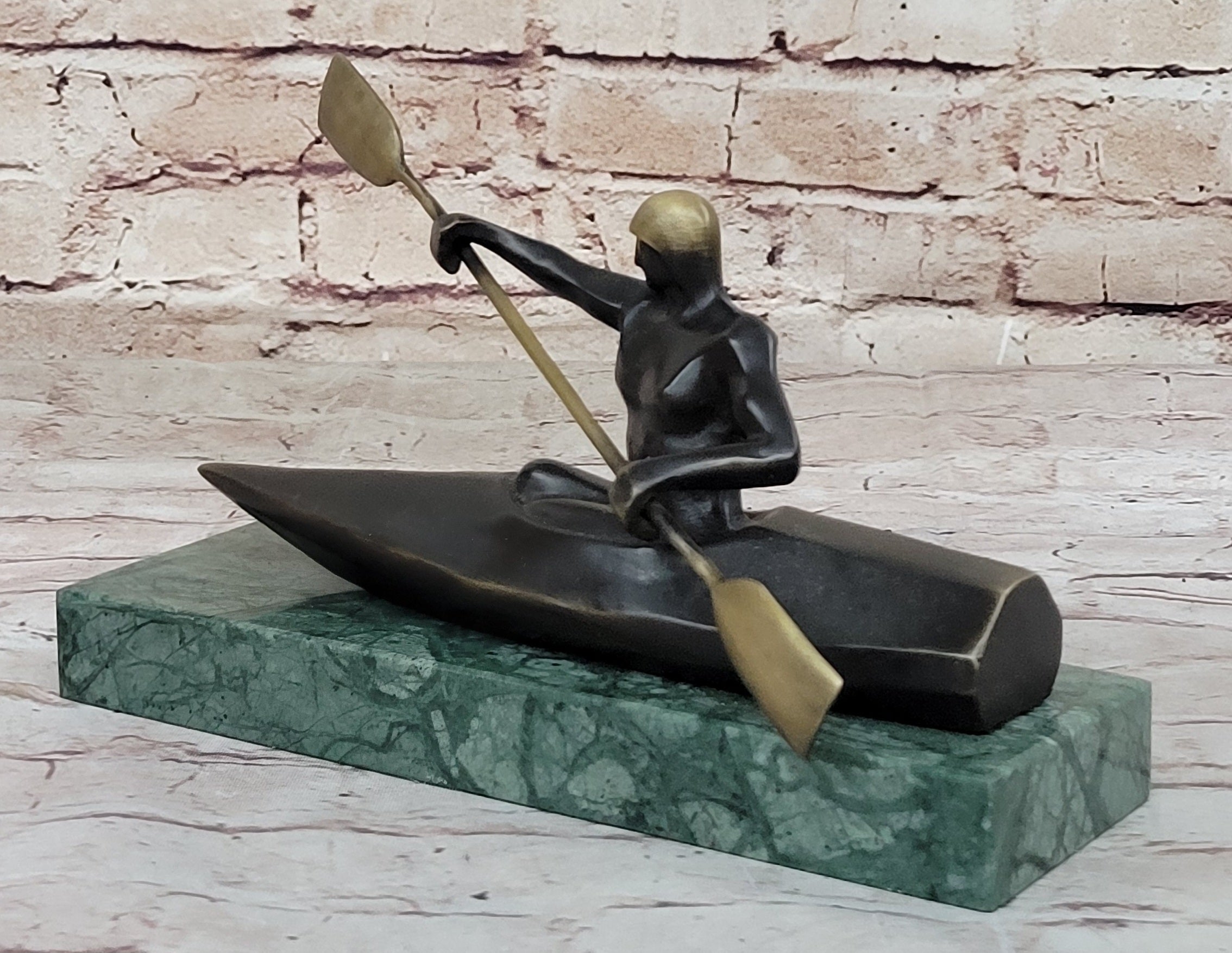 Canoeing Trophy Bronze Sculpture by Mario Nick on Green Marble Base