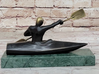 Canoeing Trophy Bronze Sculpture by Mario Nick on Green Marble Base