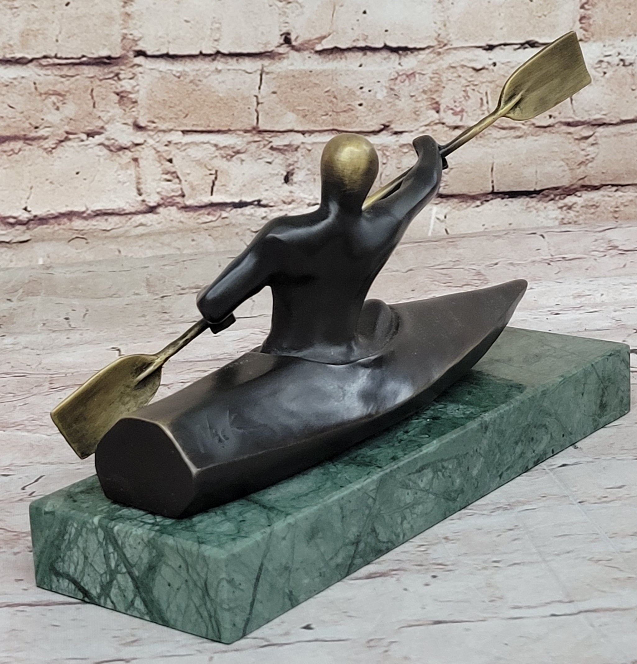 Canoeing Trophy Bronze Sculpture by Mario Nick on Green Marble Base