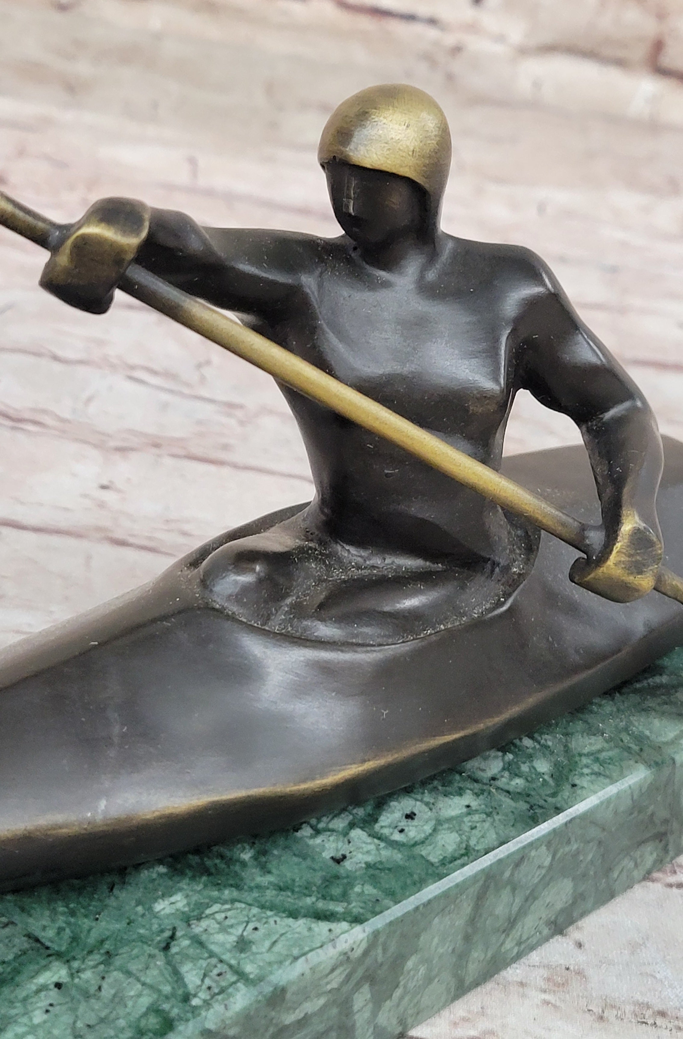 Canoeing Trophy Bronze Sculpture by Mario Nick on Green Marble Base
