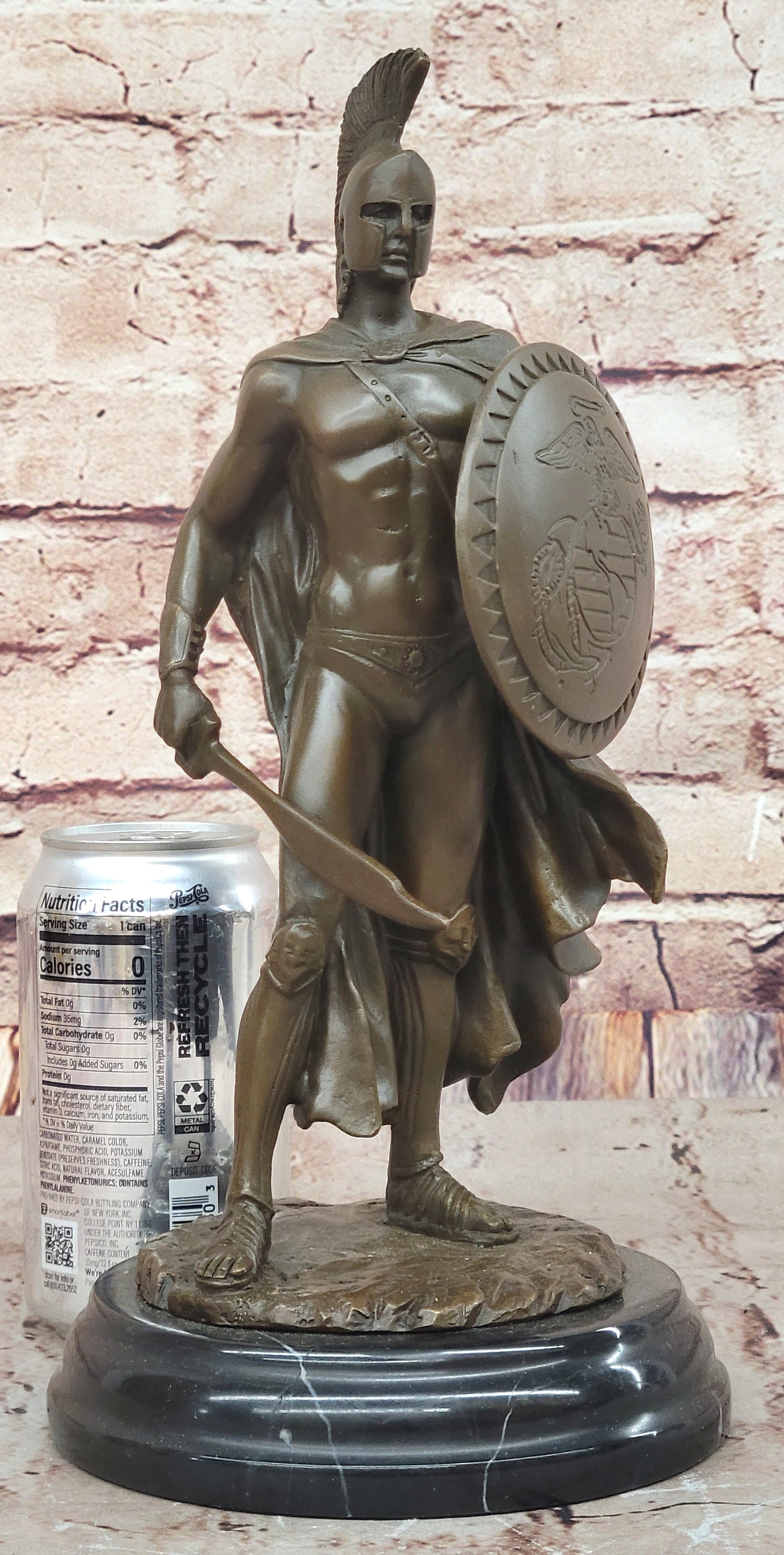 Spartan Greek Warrior w/ US Marine Corps Logo Bronze 12" x 6"